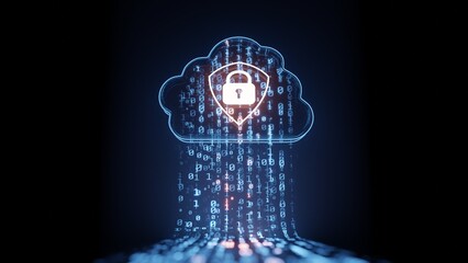 3D Rendering of digital cloud with shield icon and binary data. For big data cloud computing, artificial intelligence(AI), machine learning, transformation, Internet security background