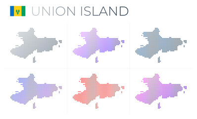 Union Island dotted map set. Map of Union Island in dotted style. Borders of the island filled with beautiful smooth gradient circles. Attractive vector illustration.