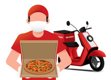 Illustration Of Pizza Delivery Service. Order Transportation. Delivery Man Handing Box