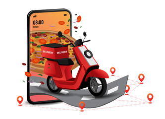 Wall Mural - illustration of pizza mobile online delivery service. mobile for order, icon and motorcycle for transportation. online fast food.