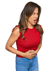 Sticker - Young hispanic woman wearing casual clothes with hand on stomach because nausea, painful disease feeling unwell. ache concept.