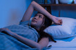 Stressed person. Asleep, sleep asian young woman, girl under blanket, suffering from insomnia, awake at night in bedroom, tired and exhausted. Frustrated people with problem, exhausted on nightmares.