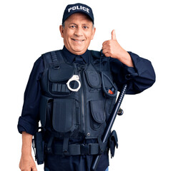 Sticker - Senior handsome man wearing police uniform smiling happy and positive, thumb up doing excellent and approval sign