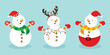 © Helen - set of Snowy snowman. Festive and Christmas greeting card. Flat design.