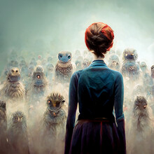 a woman surrounded by a crowd of strange creatures