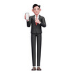 © Dekasena - businessman in black formal suit pointing to phone screen, 3d illustration of businessman using phone