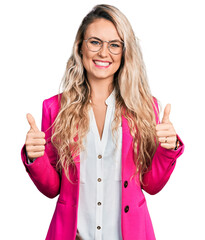 Poster - Young blonde woman wearing business style and glasses success sign doing positive gesture with hand, thumbs up smiling and happy. cheerful expression and winner gesture.