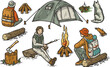 Backpack traveler, nature explorer wonderer man. Outdoor camping adventres and activities with tent and campfire