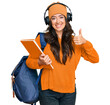 © Krakenimages.com - Beautiful brunette young woman wearing student backpack and holding books smiling happy and positive, thumb up doing excellent and approval sign