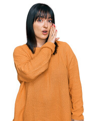 Poster - Young hispanic woman wearing casual clothes hand on mouth telling secret rumor, whispering malicious talk conversation