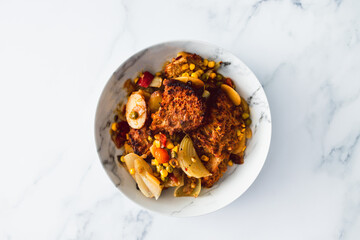 healthy plant-based food, vegetable bake with vegan meatloaf slices