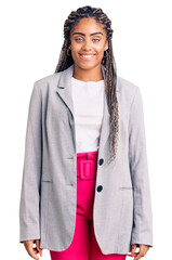 Canvas Print - Young african american woman with braids wearing business clothes with a happy and cool smile on face. lucky person.