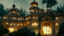 AI Generated Image Of The Scene Outside An Ancient Indian Palace Lit At Night