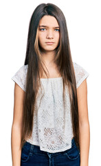 Poster - Young brunette girl with long hair wearing white shirt skeptic and nervous, frowning upset because of problem. negative person.