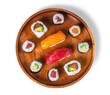 Top view of maki sushi plate isolated on white background