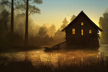 Wooden House With A Waterwheel In Forest At Sunset Digital Art Illustration Painting Hyper Realistic Concept Art