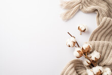 Top View Photo Of Knitted Plaid And Cotton Branch On Isolated White Background With Copyspace