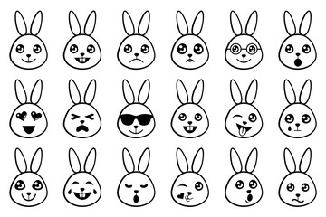 Wall Mural - Bunny emoticon set with black thin line. Bunnies with different emotion.