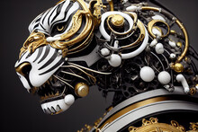 Сlose-up Of Futuristic Mechanical Tiger. Abstract Tiger Portrait. Steampunk Style Animal. Digital Art