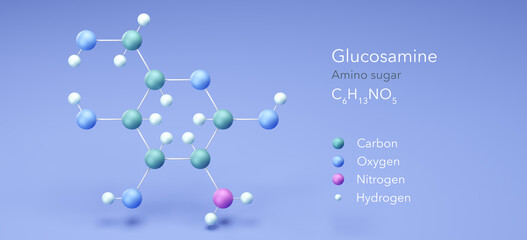 Poster - glucosamine, molecular structures, amino sugar, 3d model, Structural Chemical Formula and Atoms with Color Coding