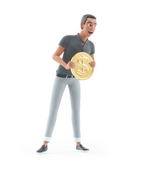 Wall Mural - 3d character man holding gold coin