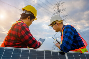 Picture of two electrical engineers using a tablets standing at a power station to view the planning work by producing electrical energy at high voltage electrodes.