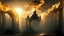 Wooden Gate In Thick Smoke In The Form Of Clouds To The Portal To The Underworld. The Edge Of The Portal Glows Yellow. The Sun Rises On The Left Side Of The Forest. 3d Render