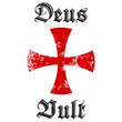 Deus vult. A Christian motto relating to Divine providence. It was first chanted by Catholics during the First Crusade in 1096. Grunge templar red cross. Knights crusader symbol. Vector illustration.