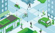 City eco transport, isometric illustration electric scooter, electric cars