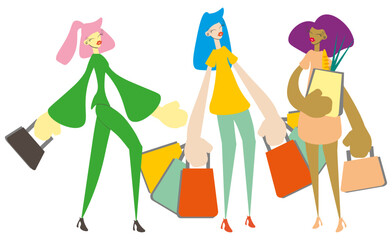 Set of shopping cartoon young beautiful girls of different nationalities in beautiful clothes, with bright makeup and handbag.  Modern vector illustration. You can add text or ads. For Sale, shopping.