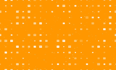 Wall Mural - Seamless background pattern of evenly spaced white email symbols of different sizes and opacity. Vector illustration on orange background with stars