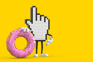 Poster - Pixel Hand Cursor Mascot Person Character with Big Strawberry Pink Glazed Donut. 3d Rendering