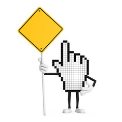 Aufkleber - Pixel Hand Cursor Mascot Person Character and Yellow Road Sign with Free Space for Yours Design. 3d Rendering