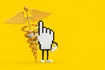 Poster - Pixel Hand Cursor Mascot Person Character with Golden Medical Caduceus Symbol. 3d Rendering