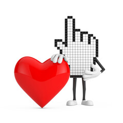 Poster - Pixel Hand Cursor Mascot Person Character with Red Heart. 3d Rendering