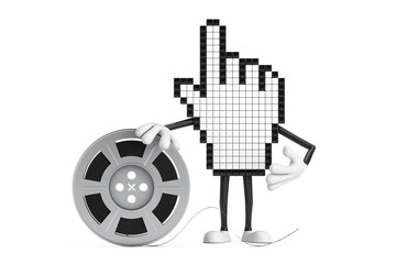 Poster - Pixel Hand Cursor Mascot Person Character with Film Reel Cinema Tape. 3d Rendering