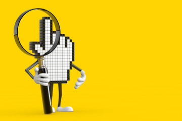 Poster - Pixel Hand Cursor Mascot Person Character with Magnifying Glass. 3d Rendering