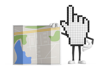 Fototapete - Pixel Hand Cursor Mascot Person Character with Abstract City Plan Map. 3d Rendering