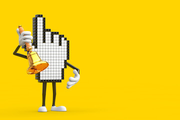 Fototapete - Pixel Hand Cursor Mascot Person Character with Vintage Golden School Bell. 3d Rendering