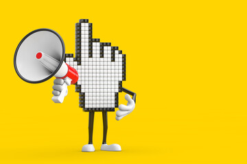 Fototapete - Pixel Hand Cursor Mascot Person Character with Red Retro Megaphone. 3d Rendering
