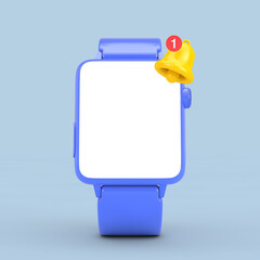 Fototapete - Cartoon Social Media Notification Bell with New Message Icon and Modern Smart Watch Mockup and Strap with Blank Screen for Your Design. 3d Rendering