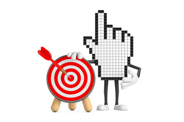 Leinwandbilder - Pixel Hand Cursor Mascot Person Character with Archery Target and Dart in Center. 3d Rendering