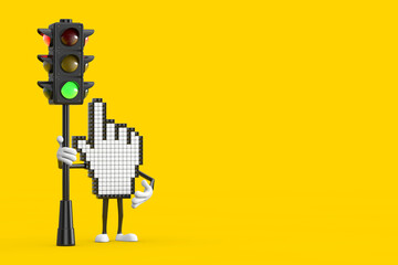 Fototapete - Pixel Hand Cursor Mascot Person Character with Traffic Green Light. 3d Rendering