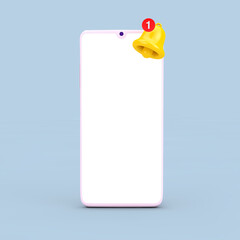 Fototapete - Cartoon Social Media Notification Bell with New Message Icon and Mobile Phone with Blank Screen for Your Design. 3d Rendering