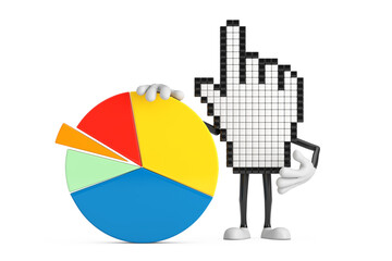 Fototapete - Pixel Hand Cursor Mascot Person Character with Info Graphics Business Pie Chart. 3d Rendering