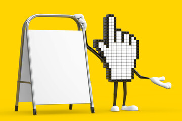 Fototapete - Pixel Hand Cursor Mascot Person Character with White Blank Advertising Promotion Stand. 3d Rendering