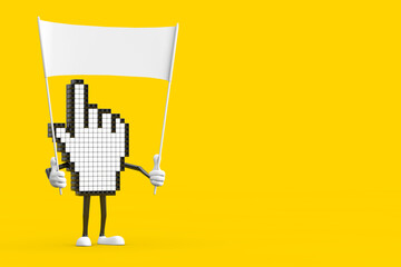 Fototapete - Pixel Hand Cursor Mascot Person Character and Empty White Blank Banner with Free Space for Your Design. 3d Rendering