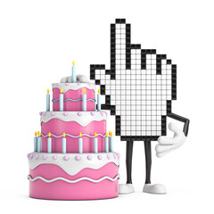 Poster - Pixel Hand Cursor Mascot Person Character with Birthday Cartoon Dessert Tiered Cake and Candles. 3d Rendering