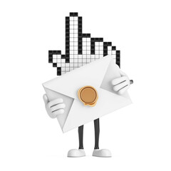 Poster - Pixel Hand Cursor Mascot Person Character with White Blank Envelope. 3d Rendering