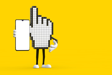 Fototapete - Pixel Hand Cursor Mascot Person Character and Modern Mobile Phone with Blank Screen for Your Design. 3d Rendering